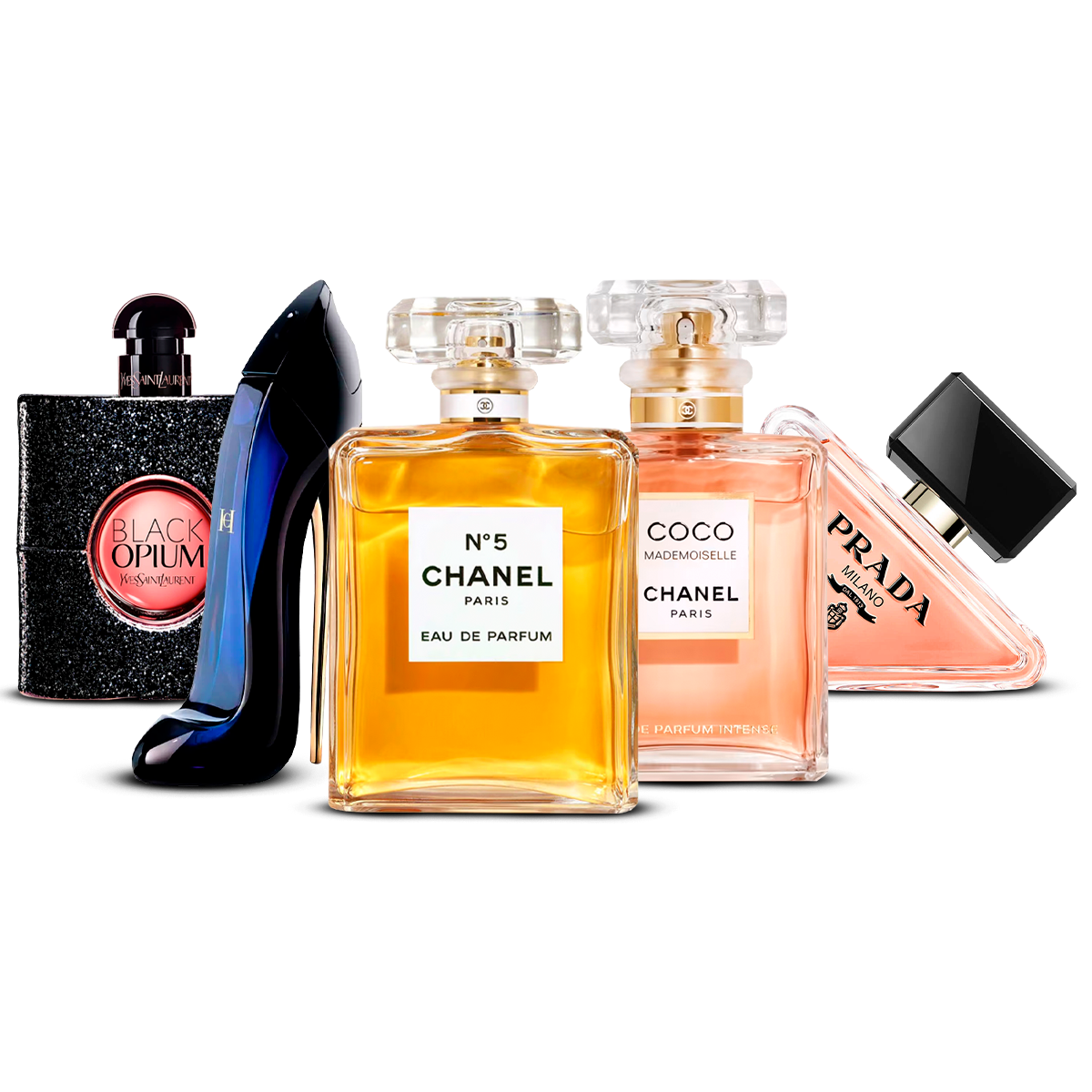 Combination of 5 women's perfumes – Black Opium, Good Girl, Chanel Nº5, Coco Mademoiselle and Prada Paradoxe [100 ml each]